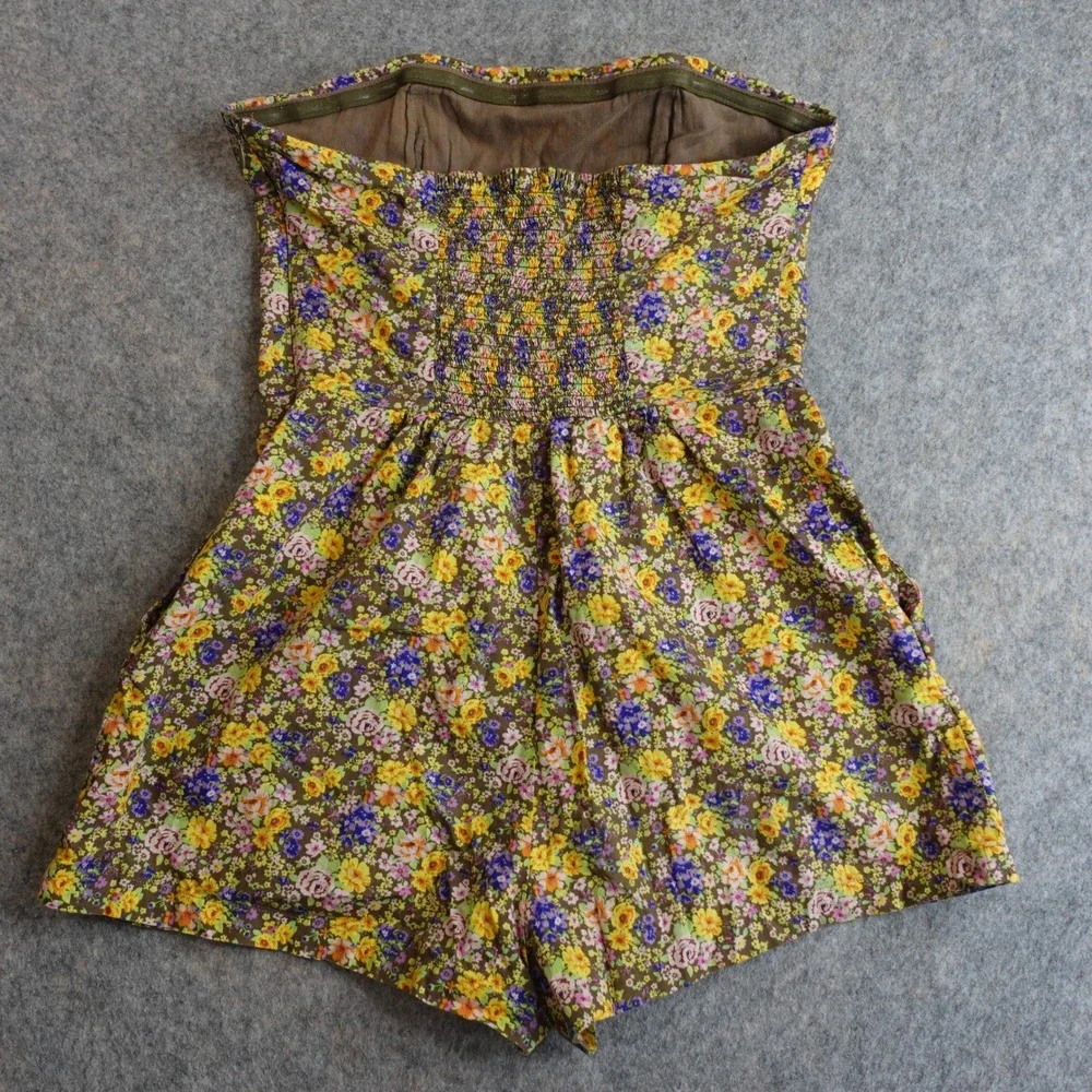 Vintage Y2K Strapless Ditsy Floral Romper M Brown Cottage Indie Sleaze Cotton